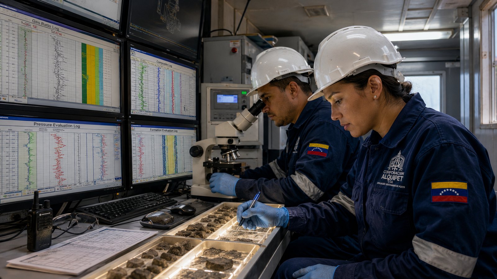 Geólogos analizando ripios de perforación en la unidad de mud logging