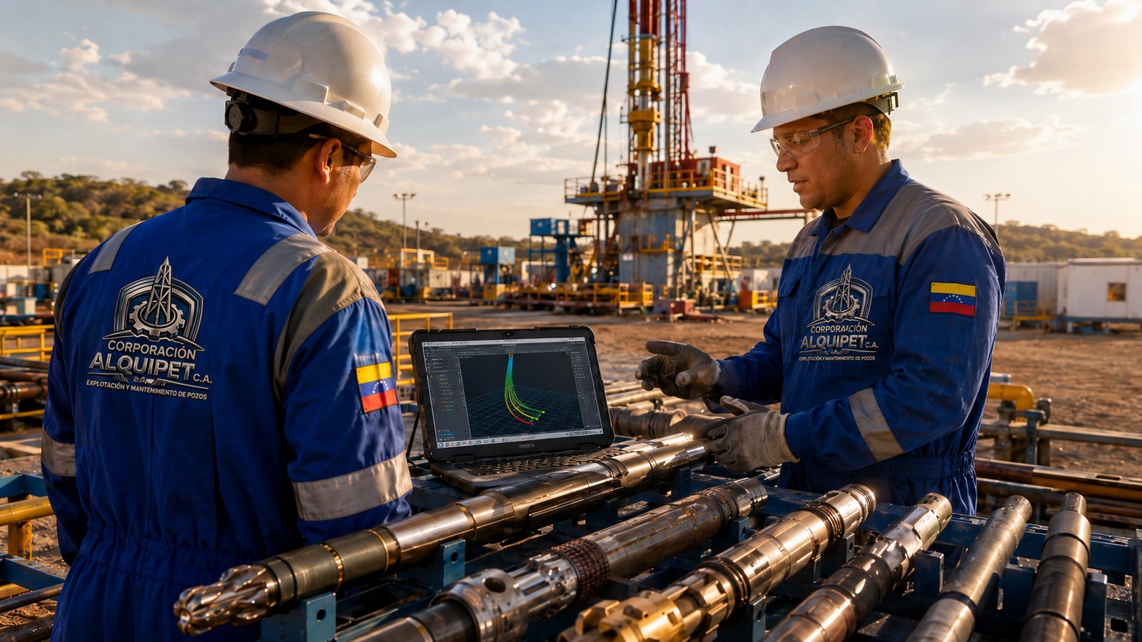 Ingenieros revisando componentes de BHA y trayectoria direccional en locación