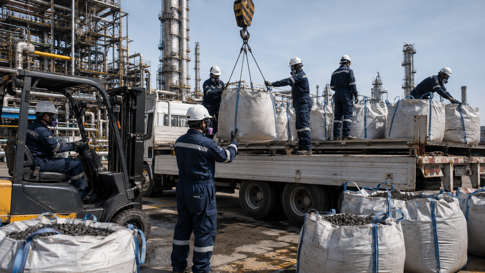 Trabajadores cargando bolsones de catalizador en planta/refinería — Corporación Alquipet
